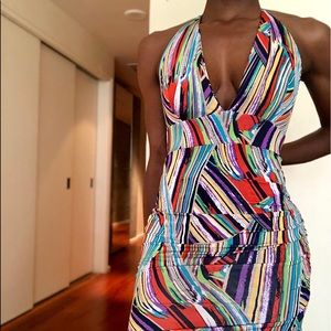 Pattern Multi Color Mini Bodycon Halter Top Dress